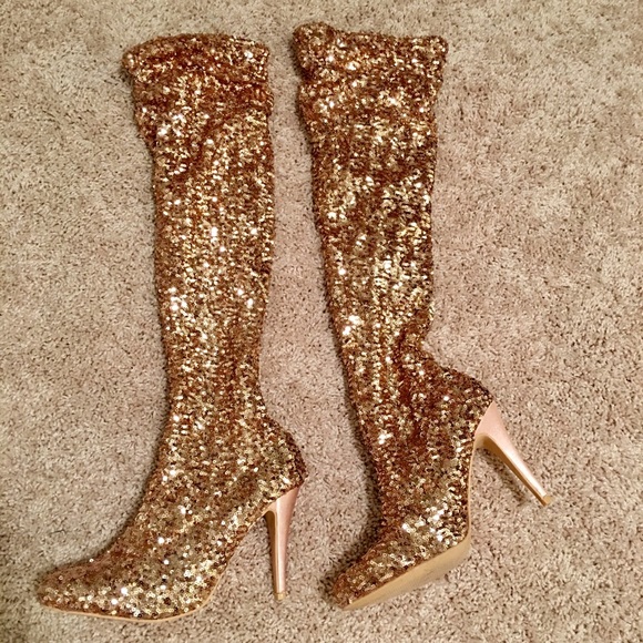 Shoes - Sequin Heeled Boots (Gold)